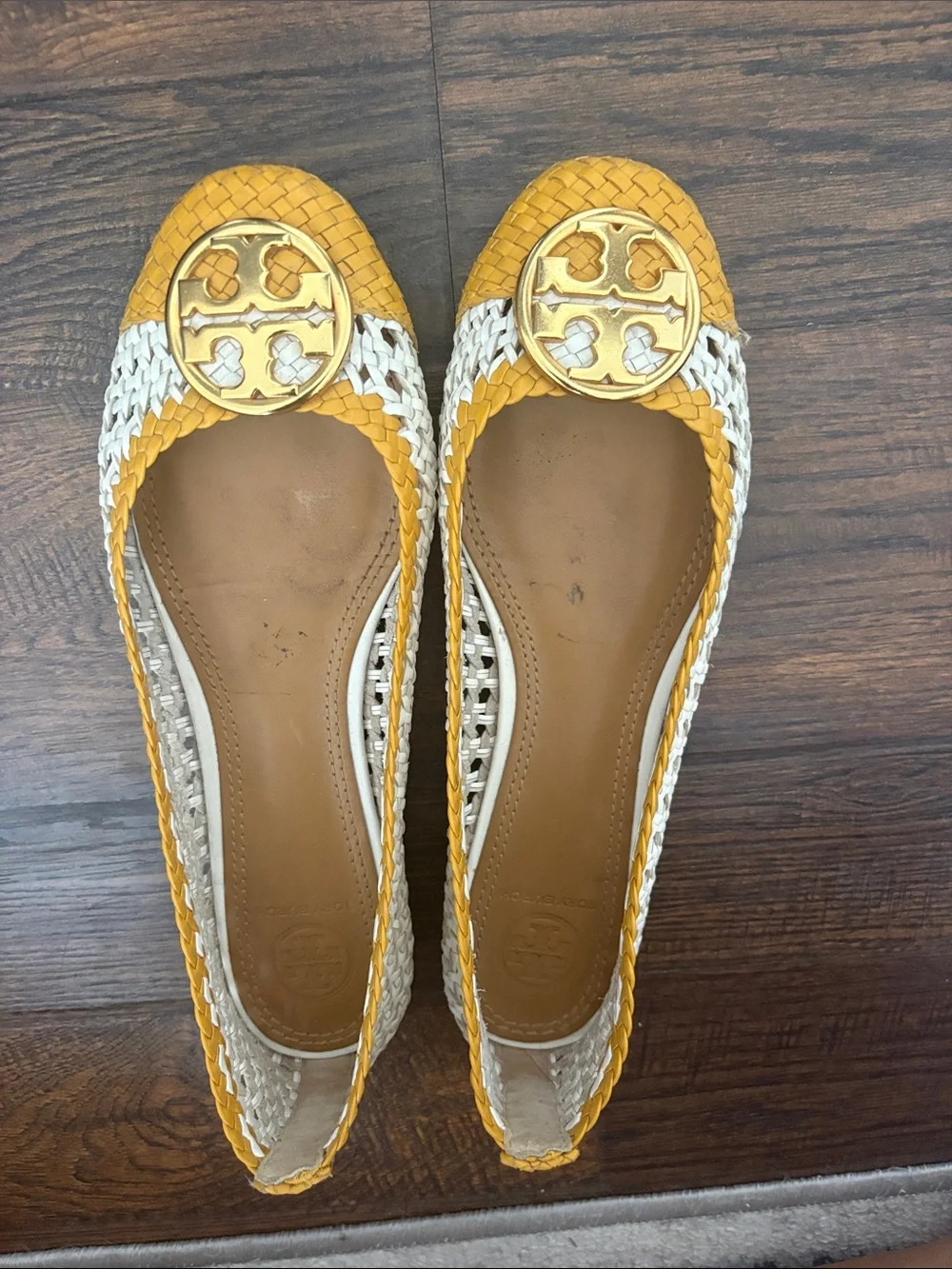 Tory Burch Yellow & White Woven Logo Flats